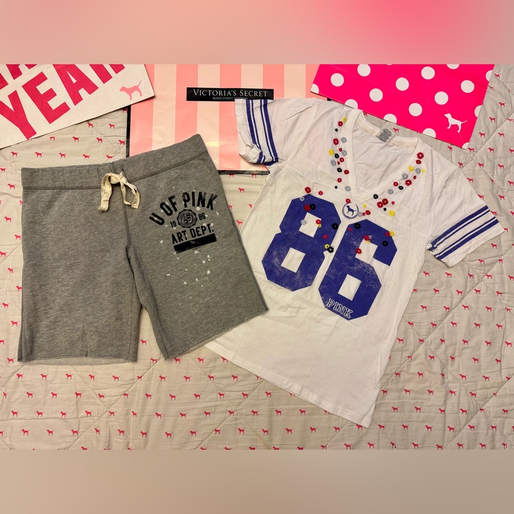 VS PINK VINTAGE Y2K SET BOYFRIEND SHORTS & TEE SHIRT 86 UNIVERSITY DOG PUP NWT L